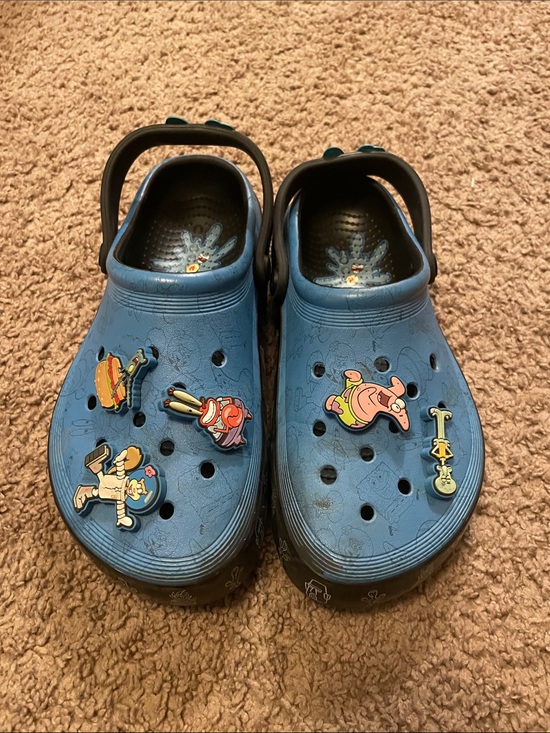CROCS Other - CROCS Kids Blue Slip-On Clogs with Fun Character Jibbitz SpongeBob